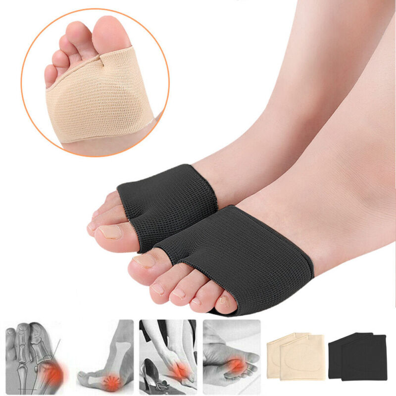 Black metatarsal pad sleeves worn on feet with product inset and diagrams illustrating foot pain conditions and colour variants