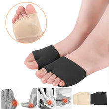 Load image into Gallery viewer, Black metatarsal pad sleeves worn on feet with product inset and diagrams illustrating foot pain conditions and colour variants