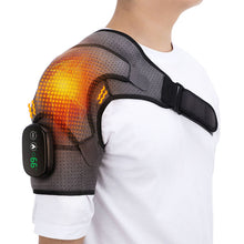 Load image into Gallery viewer, Heated Compression Shoulder Brace with Vibration showing heat glow and LED controller on white background