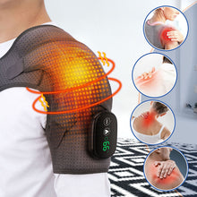 Load image into Gallery viewer, Heated compression shoulder brace worn showing heat zones and four pain relief condition insets