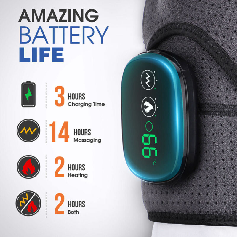 Infographic showing amazing battery life: 3 hours charging, 14 hours massaging, 2 hours heating