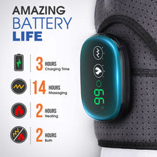 Load image into Gallery viewer, Infographic showing amazing battery life: 3 hours charging, 14 hours massaging, 2 hours heating