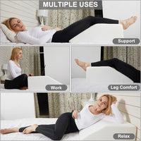 Four-panel infographic showing multiple uses of wedge pillow for support, work, leg comfort and relaxing
