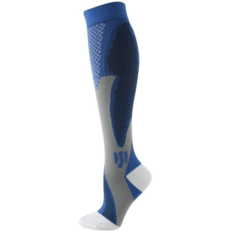 Single blue grey LegEase Compression Sock side profile on white background