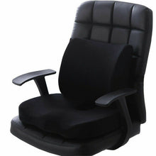 Load image into Gallery viewer, Black lumbar support and seat cushion set fitted to a black leather office chair