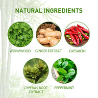 Natural ingredients infographic showing wormwood, ginger, capsaicin, cyperus root, peppermint