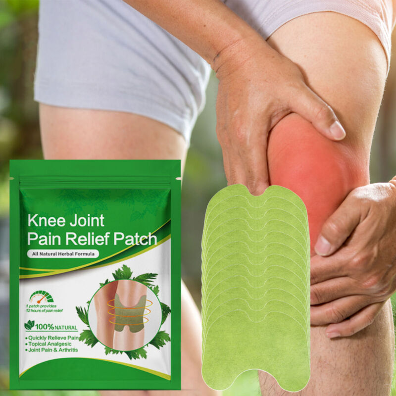 Green Knee Joint Pain Relief Patch packaging beside stack of herbal patches and inflamed knee