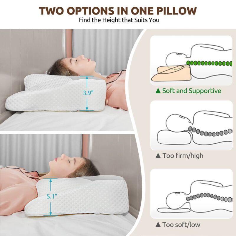 Infographic comparing two pillow height options at 3.9 and 5.1 inches with spine alignment diagrams