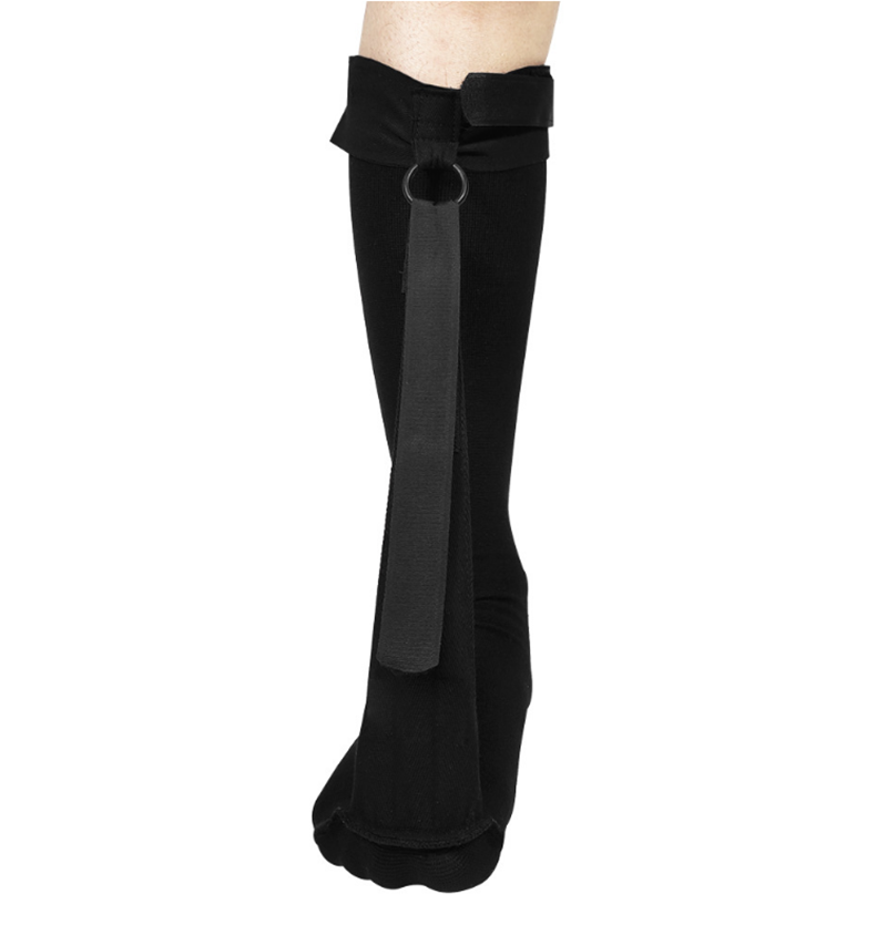 Rear view of black plantar fasciitis night splint sock showing D-ring connector and adjustable calf strap