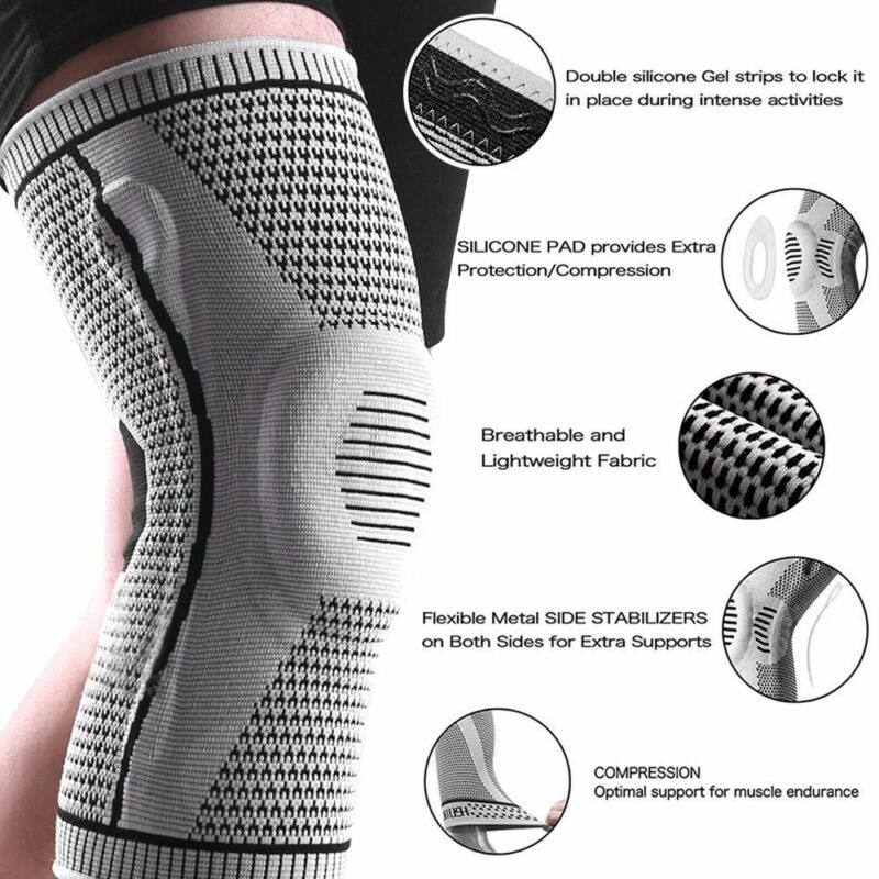Grey Ultra Knee Brace with labelled callouts showing silicone gel strips, pad, breathable fabric and metal stabilisers