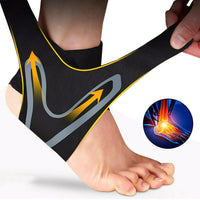 Black ankle wrap with yellow compression arrows and ankle pain diagram inset