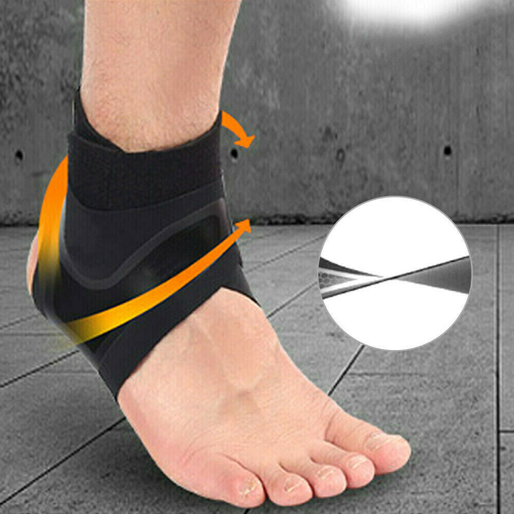 Black ankle wrap on male foot with orange strap arrows and fabric close-up inset