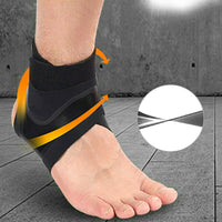 Black ankle wrap on male foot with orange strap arrows and fabric close-up inset