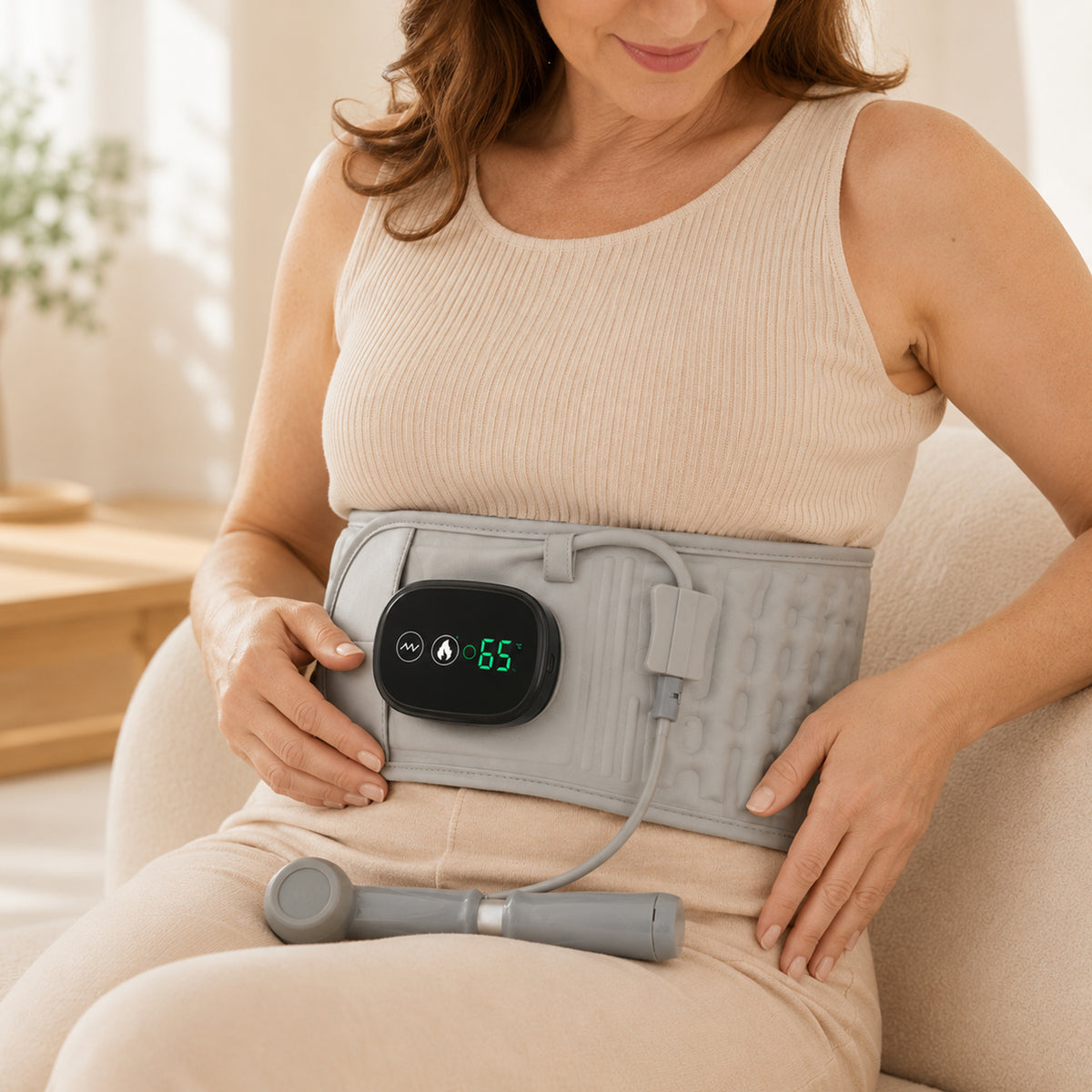 Grey inflatable lumbar belt with glowing red light therapy panel and LED display controller, front view