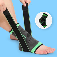 Hands applying green black Compression Ankle Sleeve with cross straps on ankle