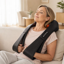 Load image into Gallery viewer, Livemor heated neck and shoulder massager with 8 glowing red massage nodes, black PU leather straps, shown front-on with feature callouts
