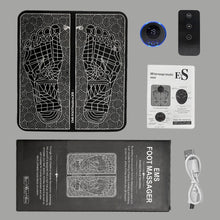 Load image into Gallery viewer, EMS Foot Massage Mat complete box contents including mat, controller, remote, USB cable and manual
