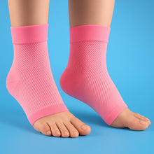 Load image into Gallery viewer, Pink Foot &amp; Ankle Sleeve Compression Socks open-toe pair front view blue background
