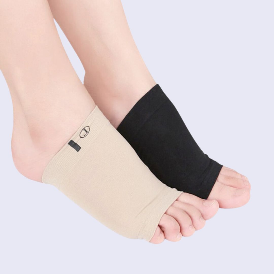 Beige and black Foot Arch Support Sleeves worn on two feet side by side