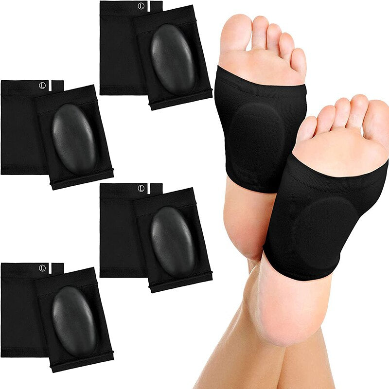 Three black Foot Arch Support Sleeves with gel pads beside foot wearing one