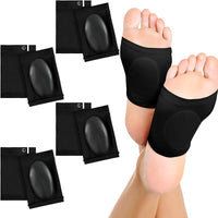 Three black Foot Arch Support Sleeves with gel pads beside foot wearing one