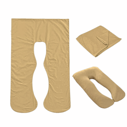 Tan beige Full Body Pillow Case flat lay, folded and fitted views