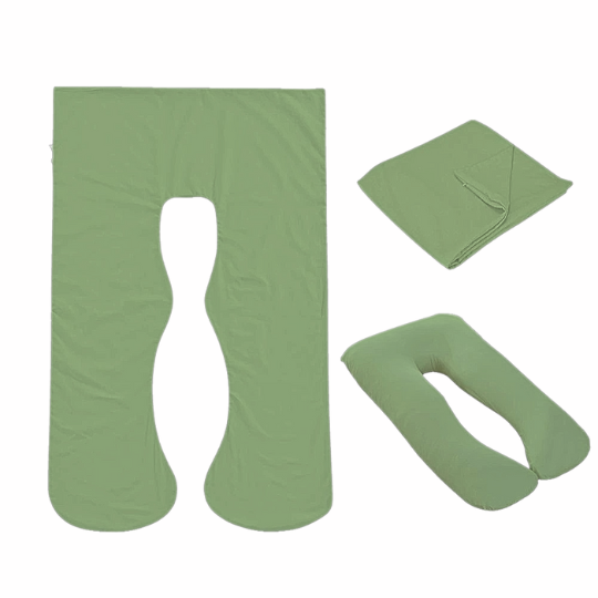 Sage green Full Body Pillow Case flat lay, folded and fitted views