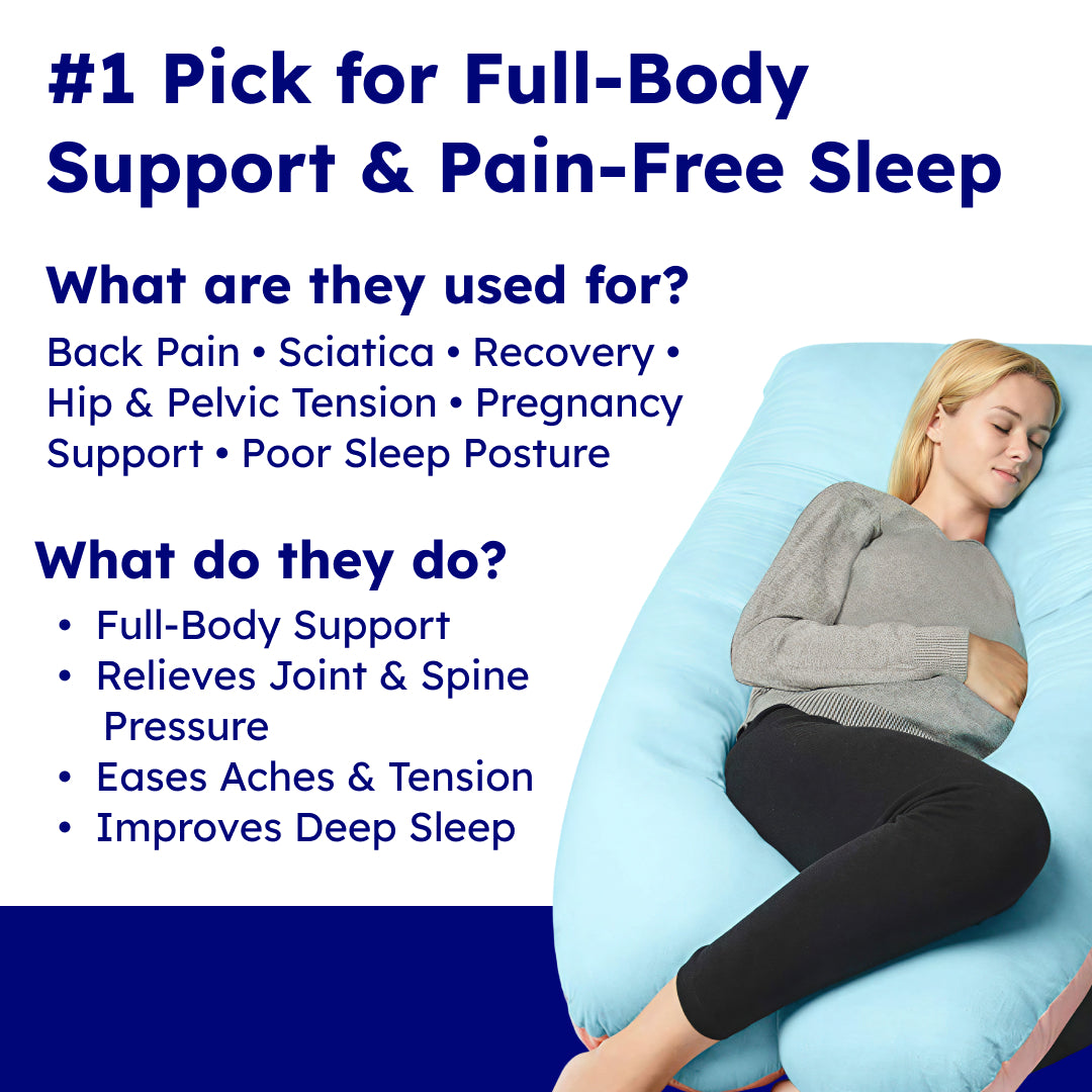 Infographic listing Full Body Pillow uses: back pain, sciatica, pregnancy, hip tension, joint pressure relief and deep sleep