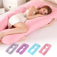 Woman lying on pink Full Body Pillow with four colour options below