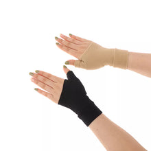 Load image into Gallery viewer, Two hands showing beige and black wrist support gloves side by side on white background
