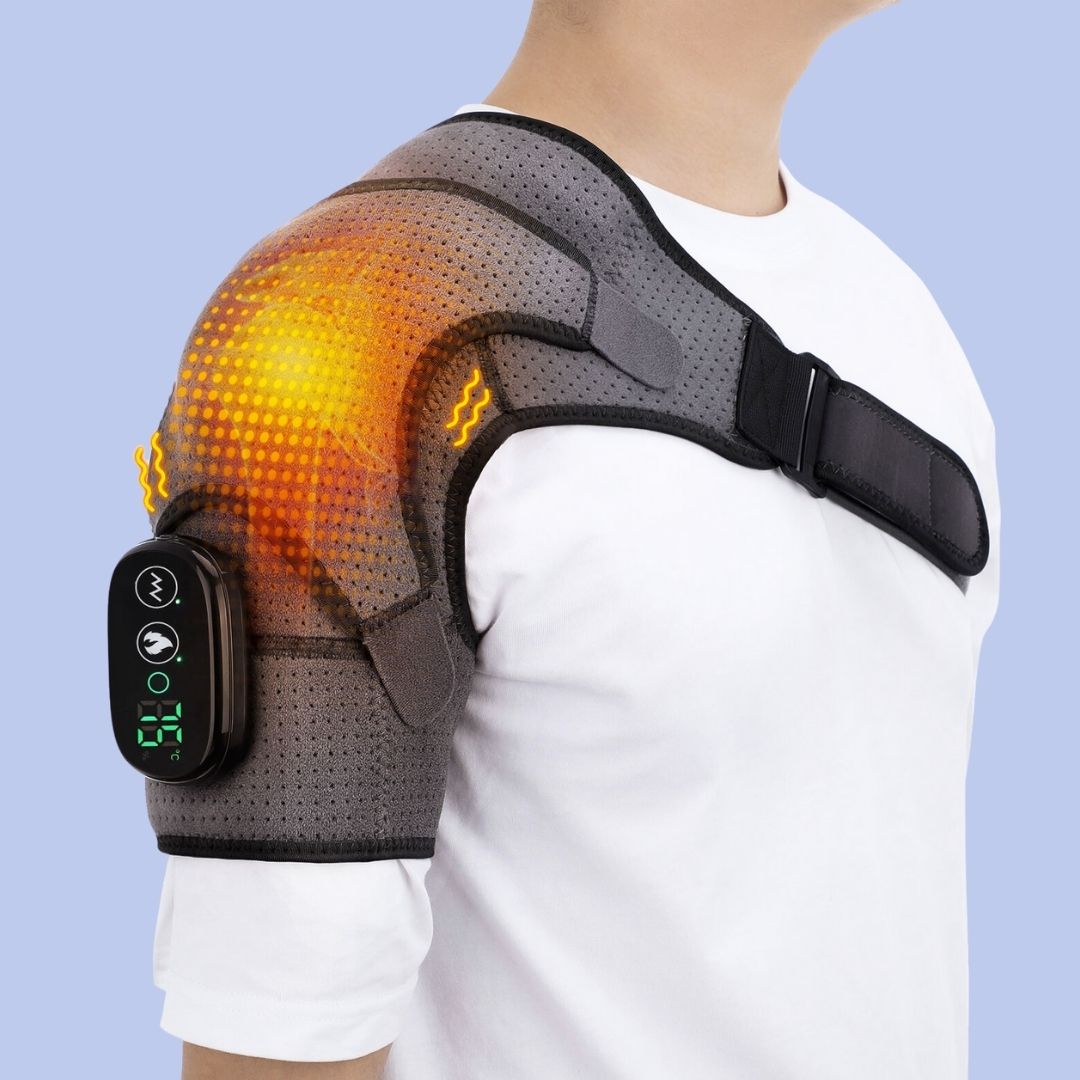 Heated Compression Shoulder Brace with Vibration on blue background showing heat glow and controller