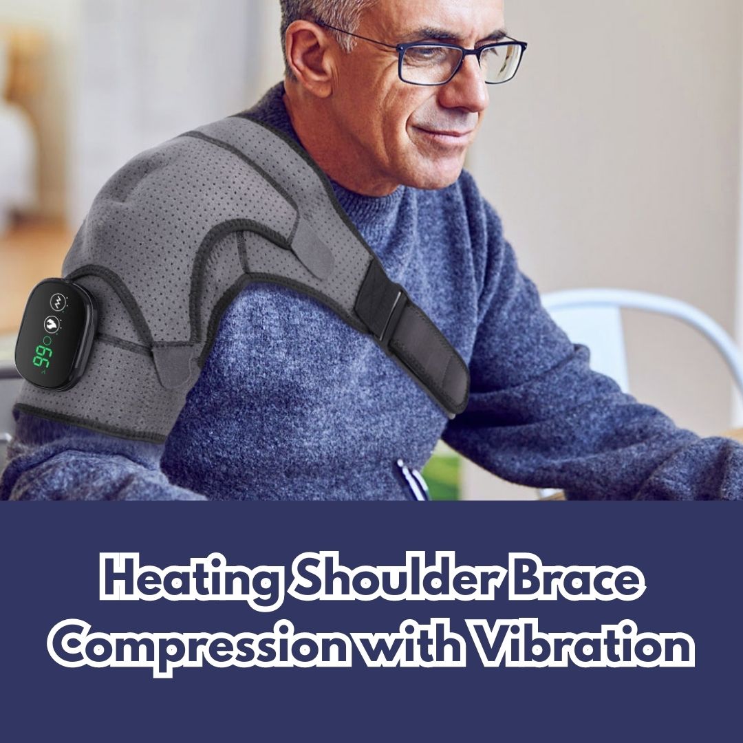 Older man wearing Heated Compression Shoulder Brace with Vibration indoors reading