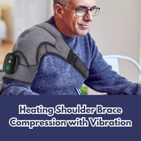 Older man wearing Heated Compression Shoulder Brace with Vibration indoors reading