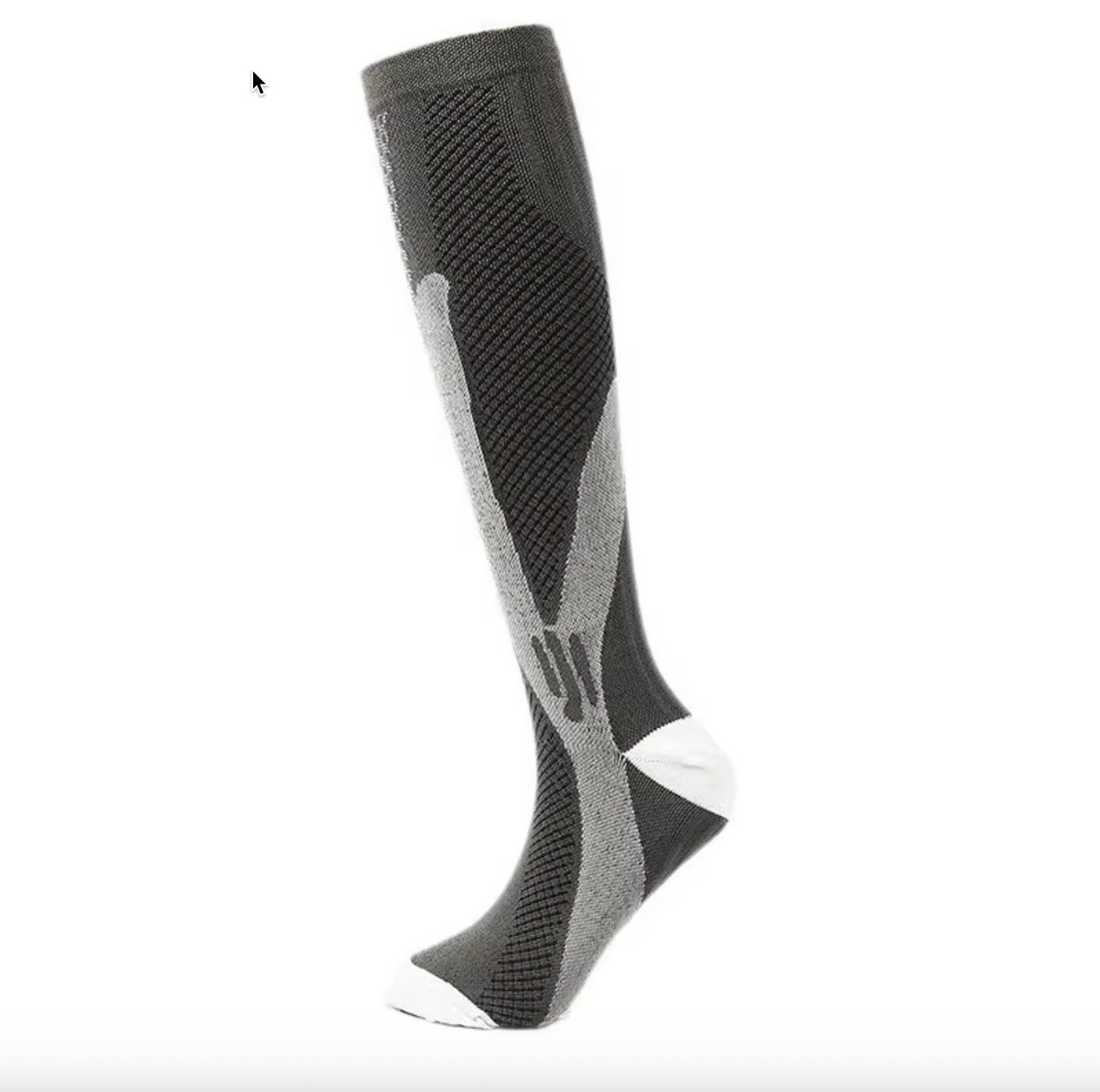 Single dark grey white LegEase Compression Sock side profile on white background