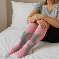 Woman seated on bed wearing pink grey LegEase Compression Socks