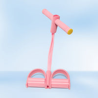 Pink Multifunction Resistance Band with T-bar handle and double foot pedal base, angled front view