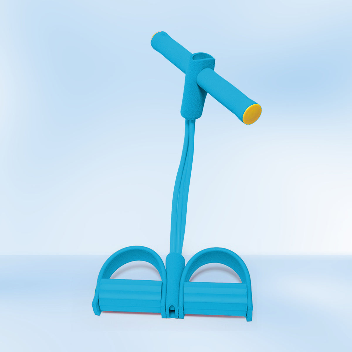 Blue Multifunction Resistance Band with T-bar handle and double foot pedal base, angled front view
