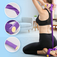 Load image into Gallery viewer, Close-up detail circles of purple resistance band components alongside woman using band for overhead stretch at home
