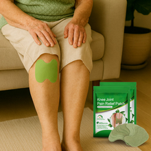 Load image into Gallery viewer, Elderly person seated with green Natural Herbal Knee Patch applied, green packaging beside
