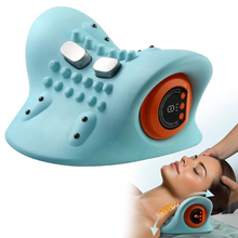 Load image into Gallery viewer, Neck and Shoulder Relaxer close-up showing acupressure nodes and EMS control dial, with woman using device below
