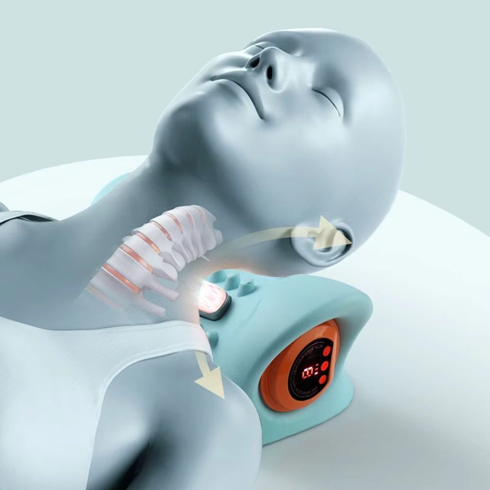 3D anatomical figure demonstrating cervical spine traction and heat therapy using the neck massage pillow