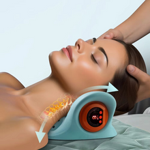 Load image into Gallery viewer, Woman lying down with neck resting on light blue massage pillow, illustrated cervical spine traction effect shown
