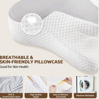 Close-up of breathable white quilted pillowcase with inset images showing zipper, fabric, and machine washable care