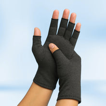 Load image into Gallery viewer, Pair of charcoal grey Therapeutic Heat Gloves raised against blue background

