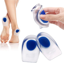 Load image into Gallery viewer, Collage showing bare feet wearing blue gel heel cups, a hand squeezing one heel cup, and a pair laid flat
