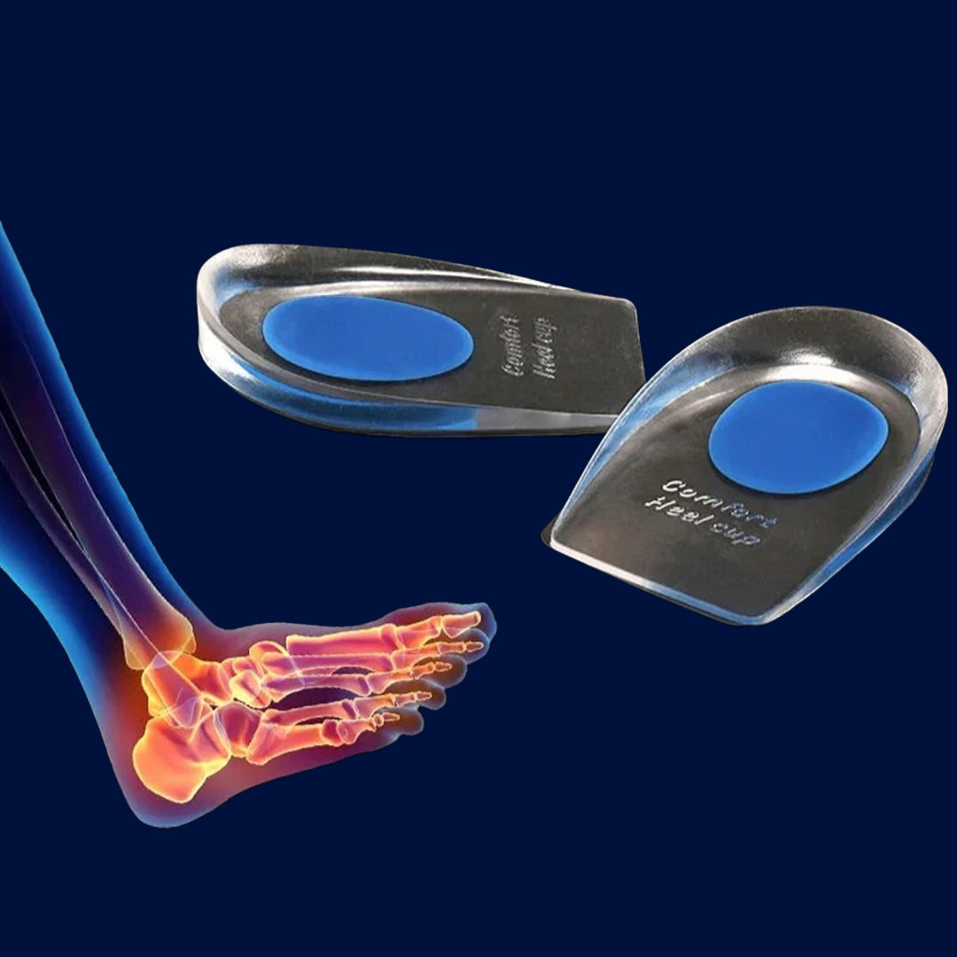 Pair of Comfort Heel Cup silicone insoles beside an x-ray illustration of a foot with heel pain highlighted in red and orange