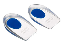 Load image into Gallery viewer, Pair of Comfort Heel Cup clear silicone insoles with blue gel cushion pads, angled side view on white background
