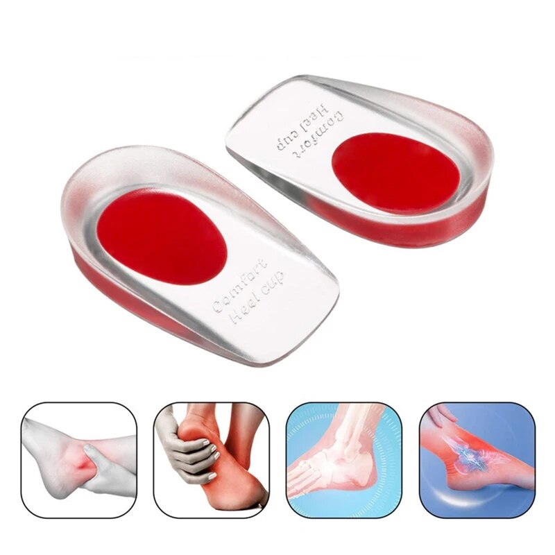 Pair of red gel Comfort Heel Cups above four panel infographic showing heel pain conditions and relief