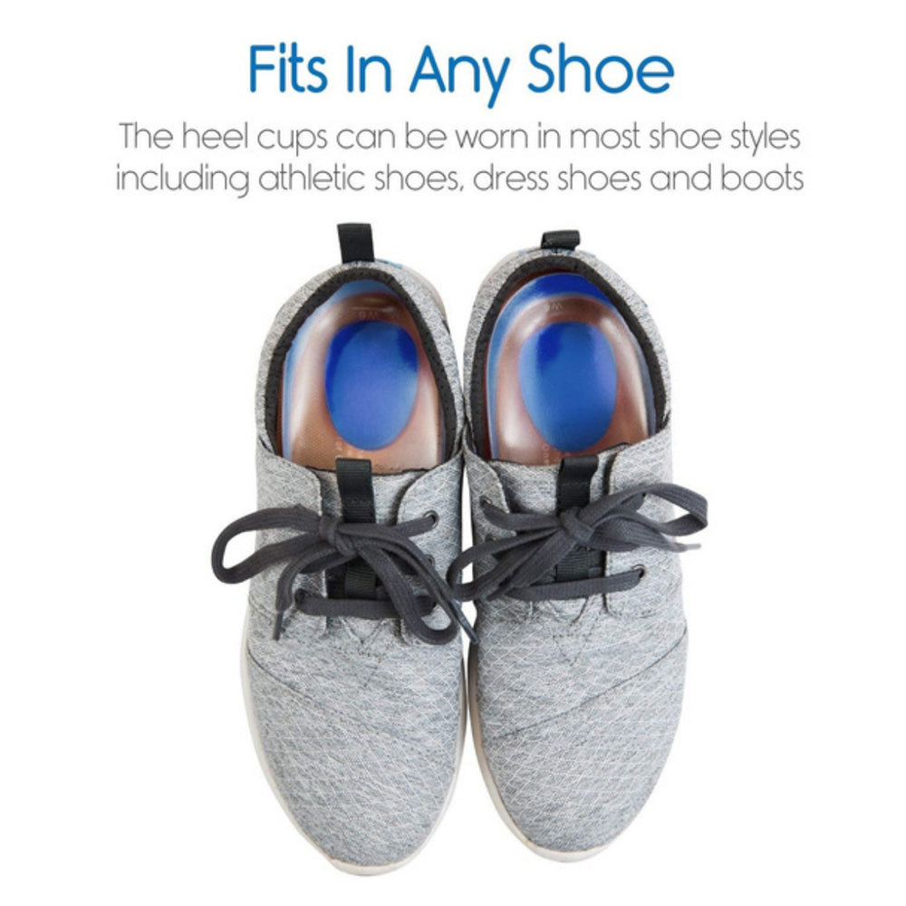 Fits In Any Shoe text above two grey sneakers showing gel heel cups fitted inside