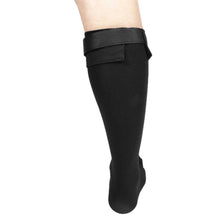 Load image into Gallery viewer, Rear view of black plantar fasciitis night splint sock showing calf band and compression knit fabric on leg

